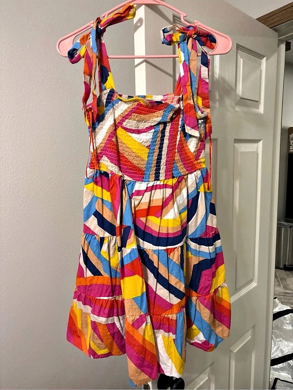 Flying Tomato Smocked Bodice Tie Shoulder Tiered Dress Multicolor Large